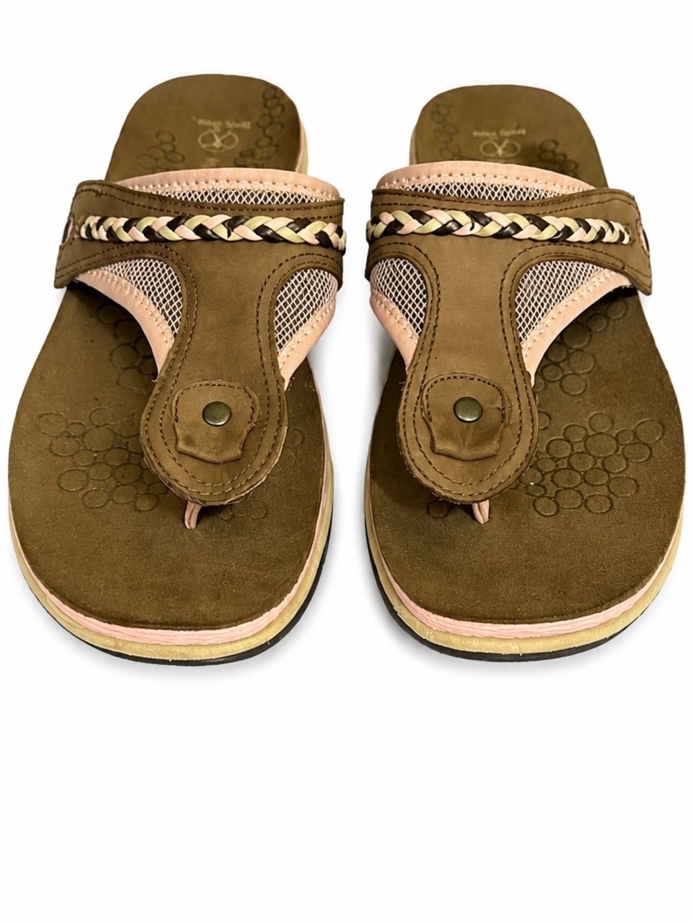 Hush Puppies Body Shoe Flip Flops 9W Wide Brown Pink Leather Comfort Orthopedic